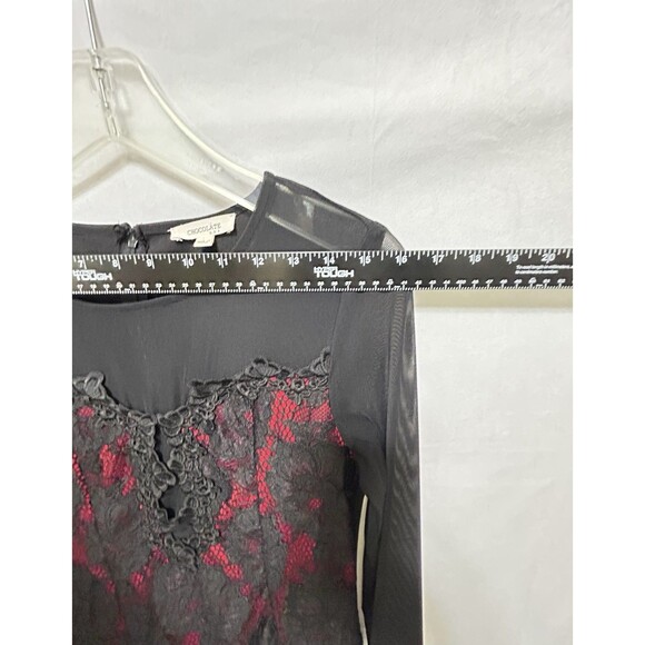 Chocolate Black Embroidered On Red Mesh Neckline & Arms Vampire Gothic - Picture 2 of 11